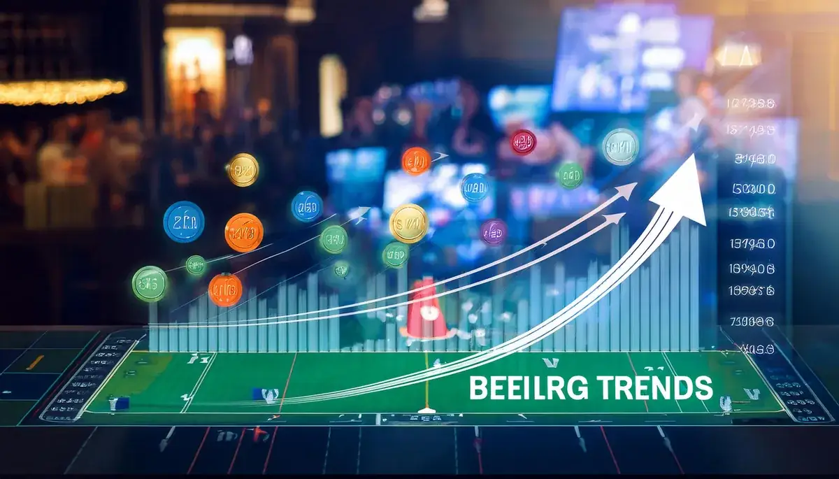 Stylised sports betting graphic with a green pitch, rising bar charts, white trend arrows and floating coloured coins over a blurred stadium crowd