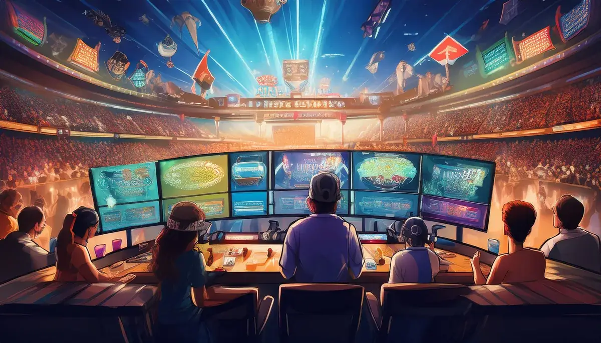Illustrated control room inside a packed stadium, with a row of people seated at a long desk facing curved screens showing sports and game feeds