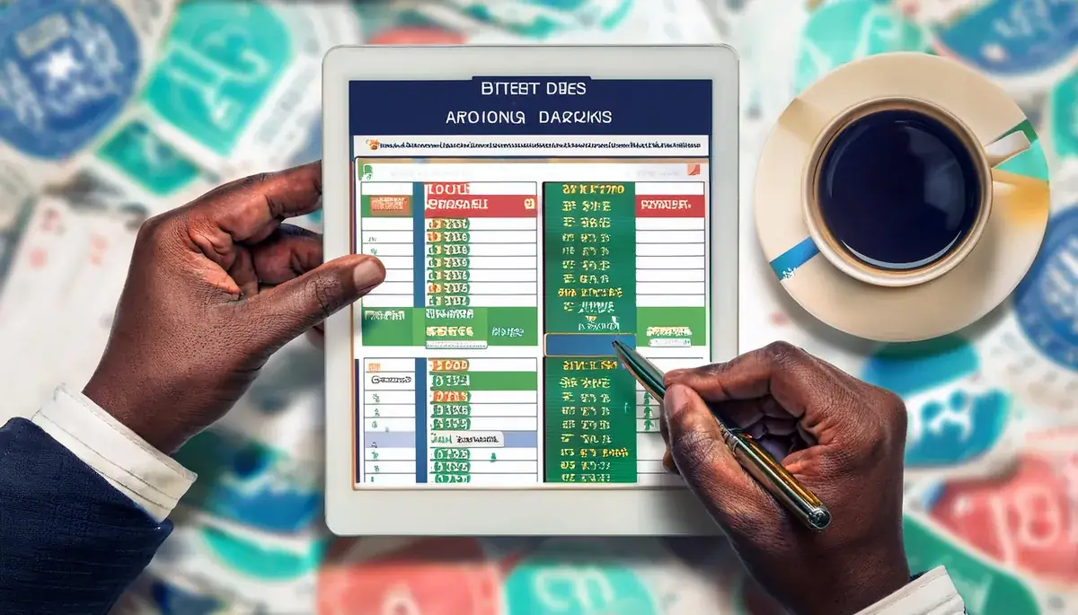 Two hands holding a tablet that shows a green and red table of figures, with a pen pointing at the screen and a cup of black coffee on a saucer beside it