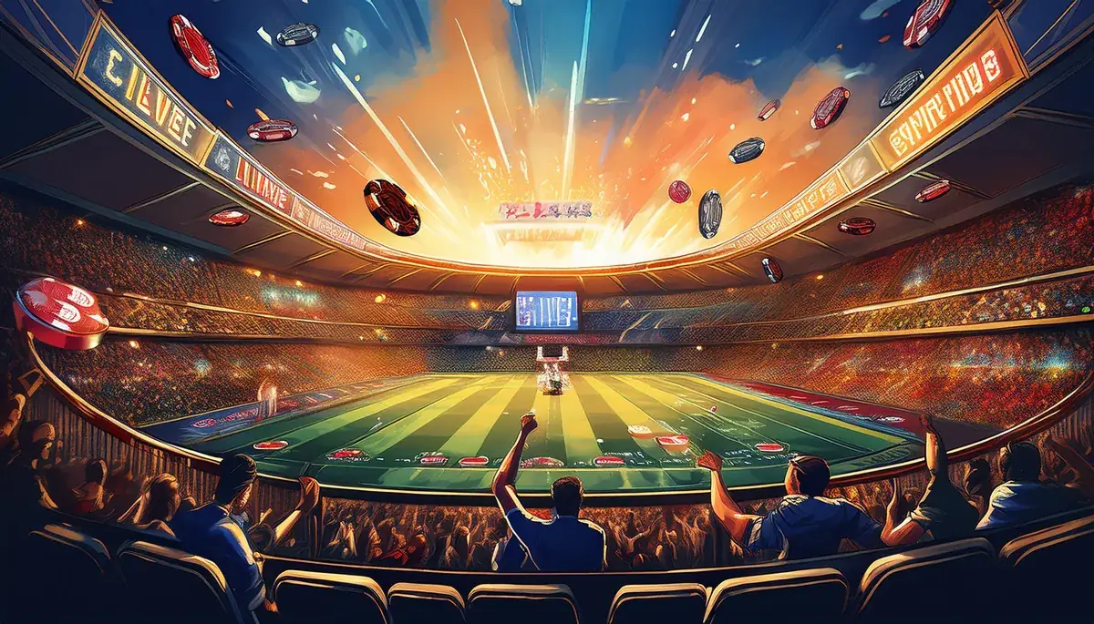 Illustration of a packed football stadium at night with fans cheering in the front rows, glowing banners around the stands and casino chips flying through an orange burst of light above the pitch