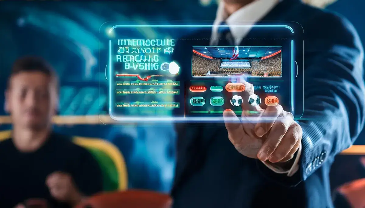 A man in a suit pointing at a glowing floating screen showing a football stadium and betting buttons, with a blurred person seated in the background