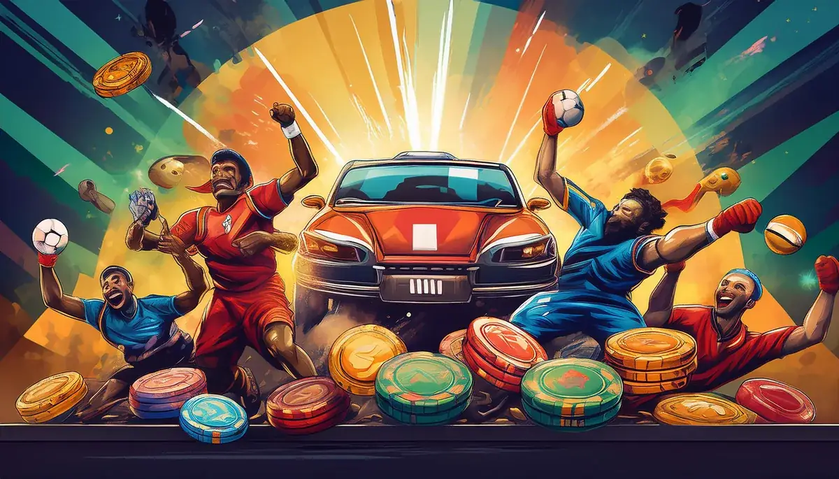 Illustration of footballers and a cricketer celebrating around a red car, with stacks of coloured casino chips in the foreground and bright rays behind them.