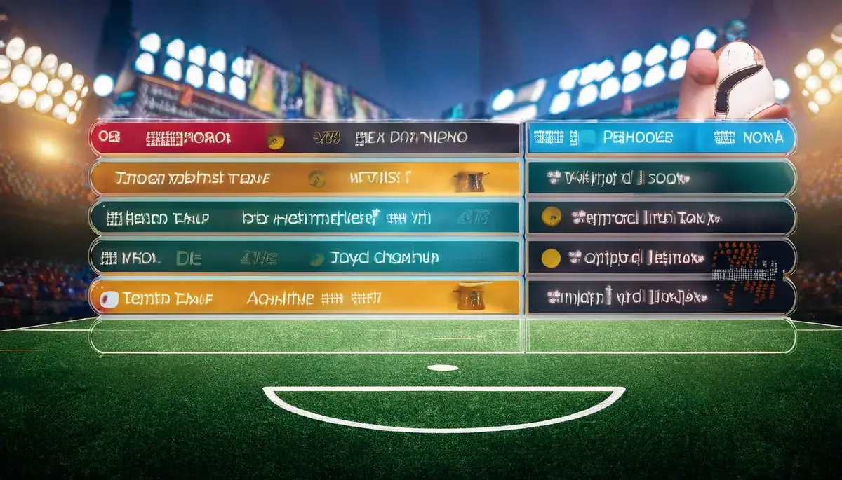 Stylised betting board with coloured market rows floating over a floodlit stadium pitch, a hand holding a ball in the top corner.