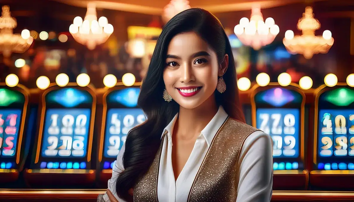 A smiling woman with long dark hair in a white shirt and sequinned waistcoat, standing in a brightly lit hall under chandeliers.
