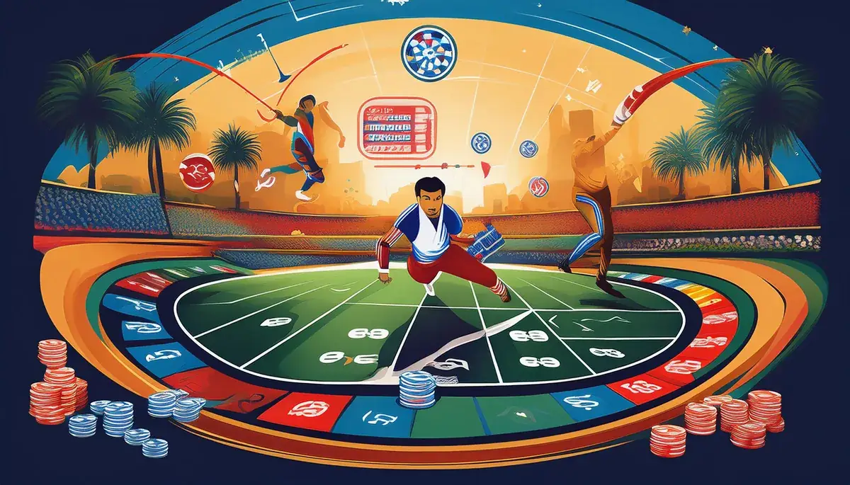 Stylised illustration of a sports arena at sunset with a player lunging across a green field shaped like a betting table, surrounded by palm trees, flying balls and stacks of red and blue chips