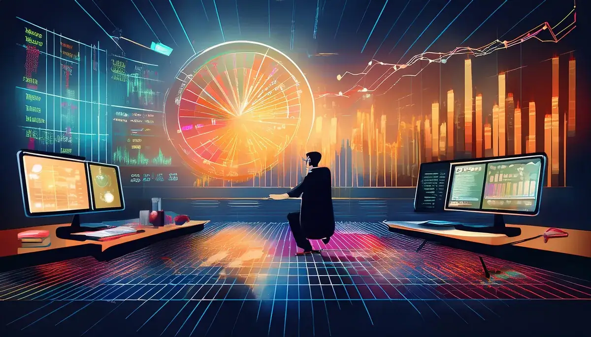 Illustration of a person in a dark suit seated at a long desk between two glowing monitors, facing a large orange wheel and rising bar charts on a wall of screens