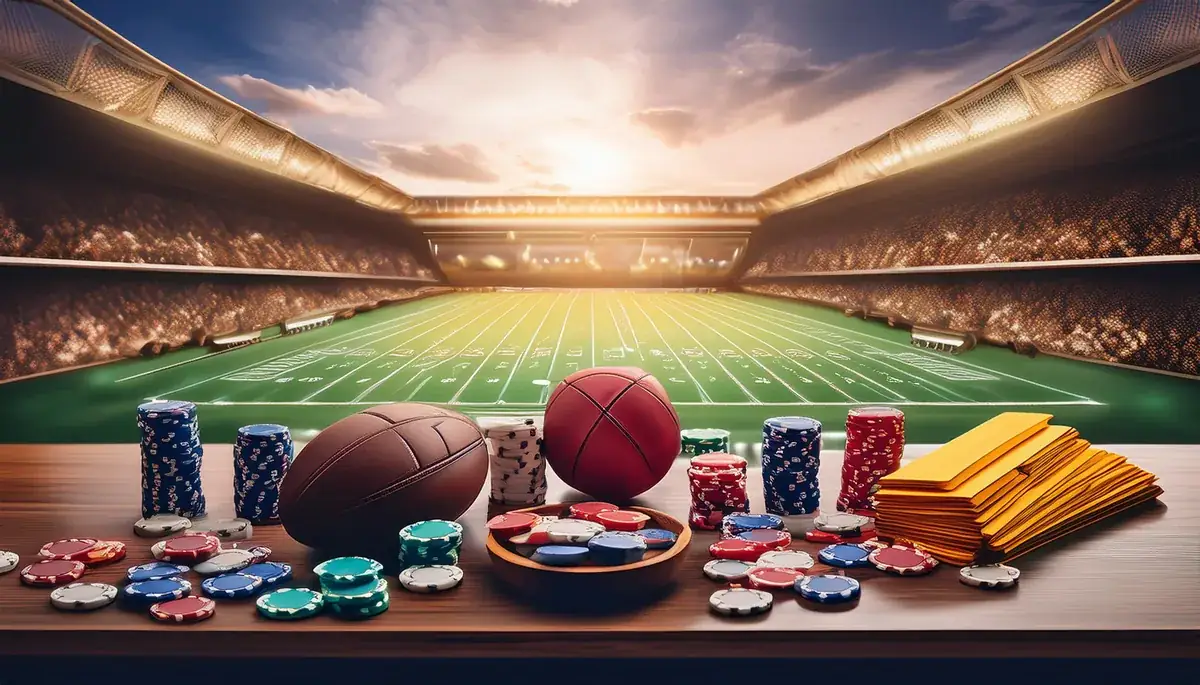 A wooden table in front of a lit stadium holds a brown oval ball, a red ball, stacks of blue, red and green chips, a bowl of chips and a pile of yellow cards