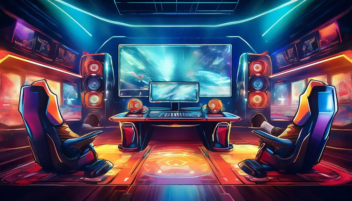 Two gaming chairs facing a desk with a monitor under a large wall screen in a room lit with neon blue and orange
