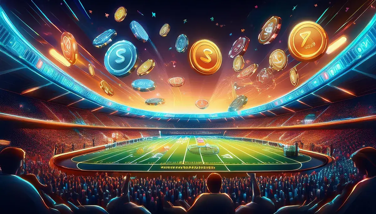 Illustration of a floodlit stadium at night with glowing coins floating above the pitch and a crowd watching from the stands