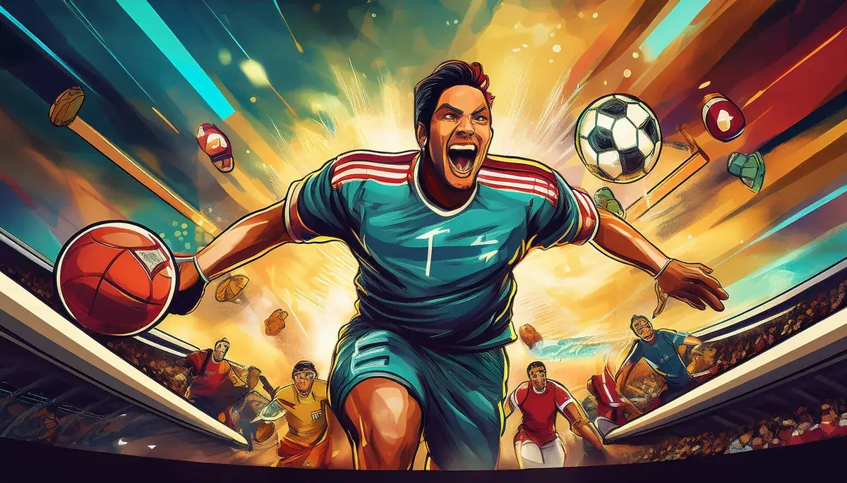 Illustrated footballer in a teal and red kit shouting in celebration as balls fly past him in a crowded stadium